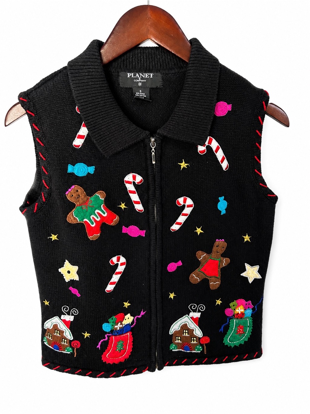 Vintage Y2K PLANET Black Holiday Sweater Vest with Candy & Gingerbread Appliqués